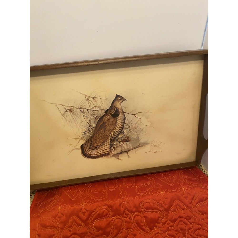 Large Vintage Wood Serving Tray Pheasant Grouse Nature Scene Wooden 19" x 12" - Picture 2 of 9